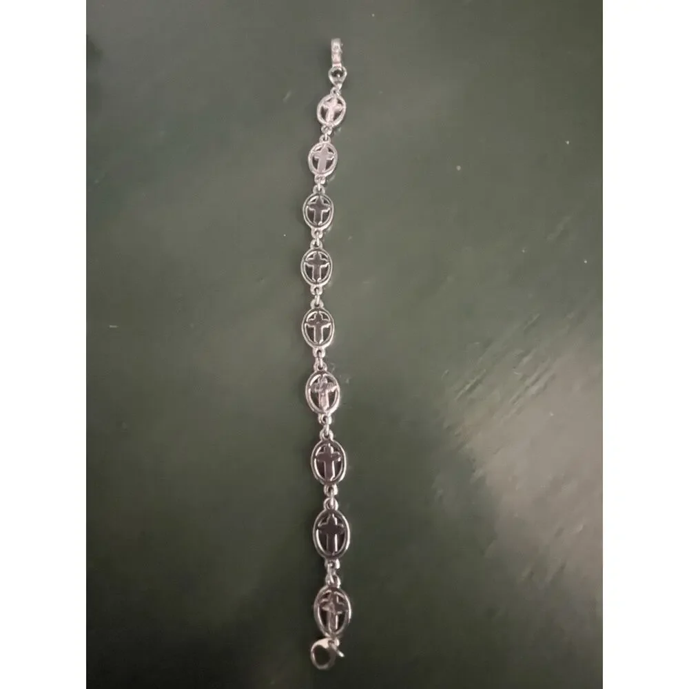 Vintage Cross Bracelet Silver Tone Jewelry Iridescent Center Simple Religious